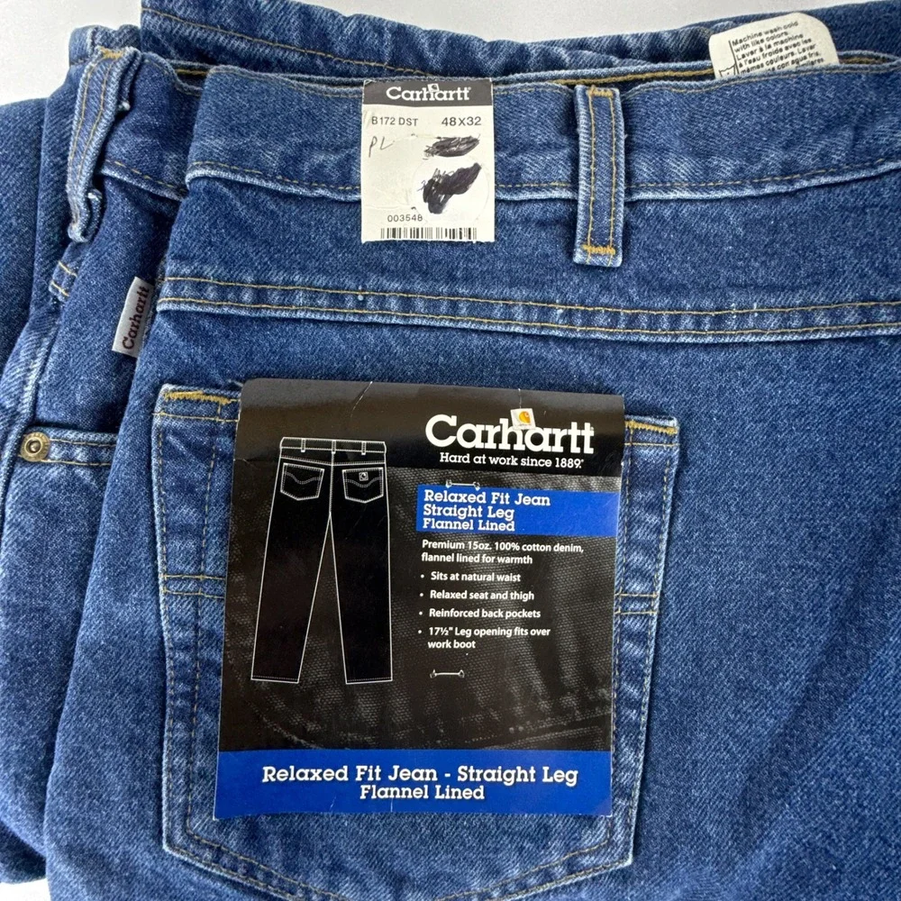 Carhartt B172 DST Relaxed Fit Straight Leg Flannel Lined Jeans 48x32 Dark Stone